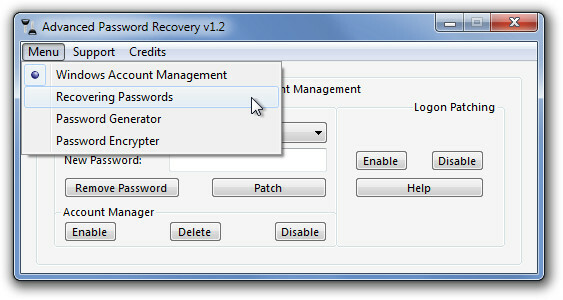 Advanced Password Recovery -valikko