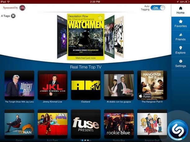 Domovská obrazovka Shazam-iPad