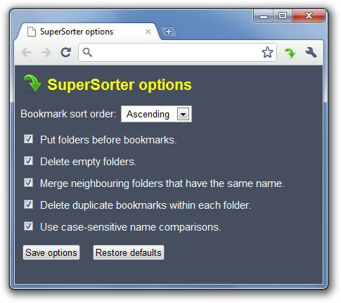 Opcije SuperSortera - Google Chrome