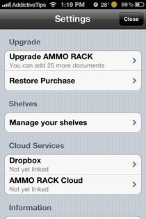 Impostazioni iOS di AMMO Rack