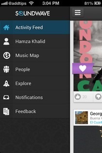 Soundwave mūzikas atklāšanas izvēlne iOS