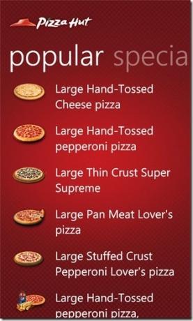 Pojedinosti o izborniku Pizza Hut WP7