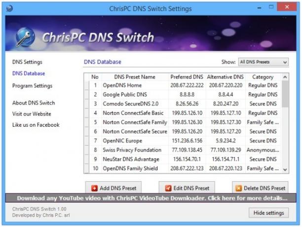 Setări pentru comutatorul DNS al comutatorului ChrisPC