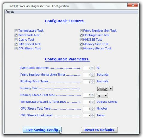 Alat za dijagnostiku procesora Intel (R) - konfiguracija
