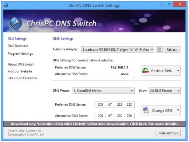 Paramètres du commutateur DNS ChrisPC