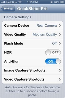 Impostazioni della videocamera iOS QuickShoot Pro