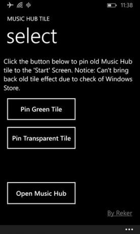 Music Hub Tile WP8 valikud