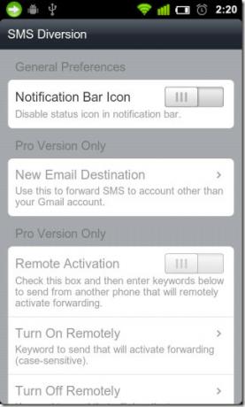 SMS-Diversion-preferences-screen