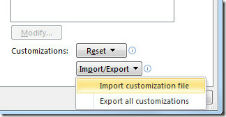 импортиране на файлове за персонализиране офис 2010
