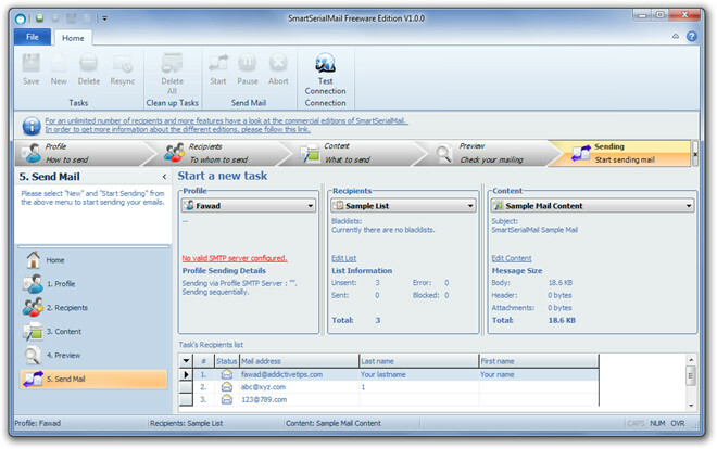 SmartSerialMail Freeware Edition Sending