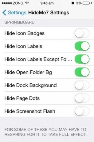 „HideMe7 iOS“ „SpringBoard“ nustatymai