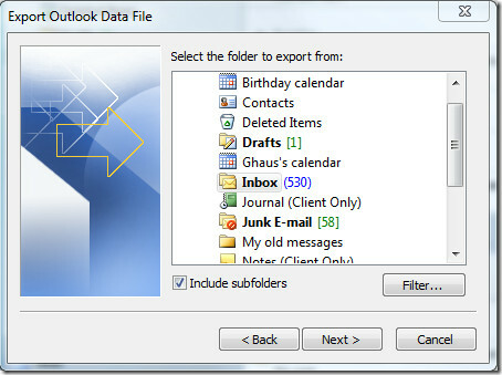 تصدير ملف بيانات Outlook
