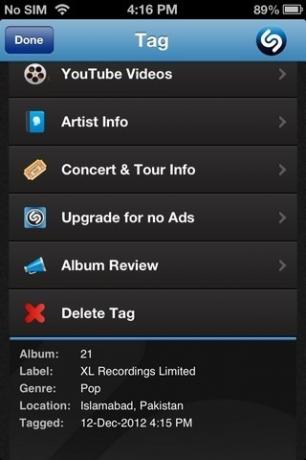 Información de etiqueta de Shazam iOS