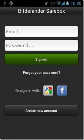 تسجيل الدخول إلى Bitdefender-Safebox-Android