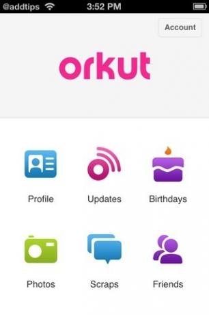 Domovská stránka služby orkut iOS