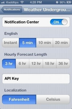 WeatherUnderground iOS -asetukset