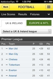 BBC Sport iOS טבלה