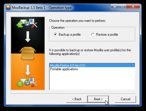 MozBackup 1.5 Beta 1 - Tipo di operazione