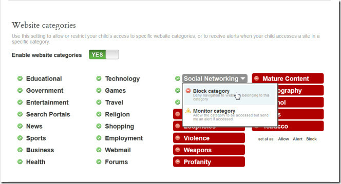 Družinski portal Qustodio - Kategorije spletnih strani