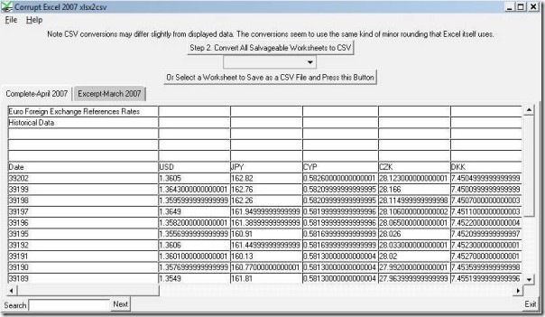 korrupter Office Excel 2007 xlsx2csv Screenshot
