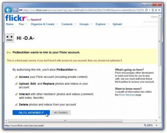 Flickr Εξουσιοδότηση PicBackMan - Windows Internet Explorer