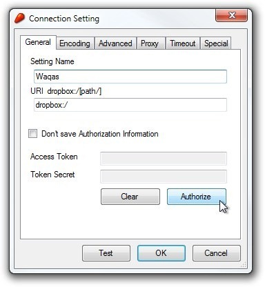 CarotDAV_Connection-asetus