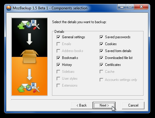 MozBackup 1.5 Beta 1 - Bileşenler seçimi