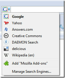 फ़ायरफ़ॉक्स खोज बॉक्स इंजन सूची