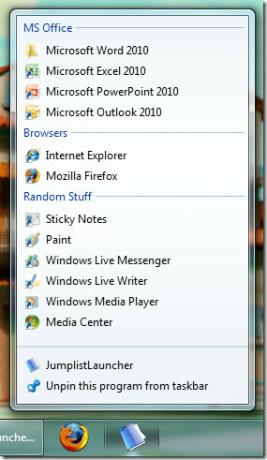 jumplist lansator programe favorite în Windows 7 lista de salturi