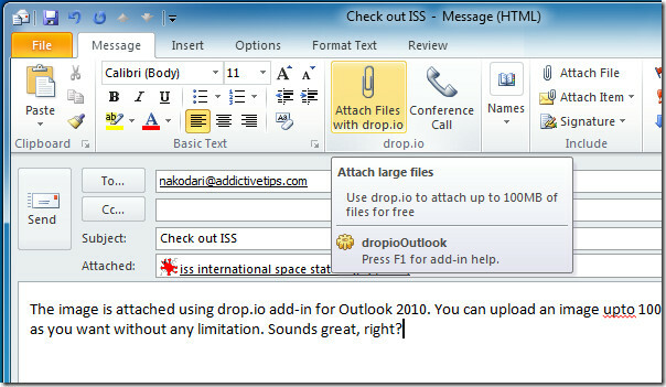 priložite datoteku Outlook 2010 drop.io