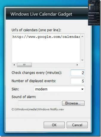 Windows Live kalendāra sīkrīka opcijas