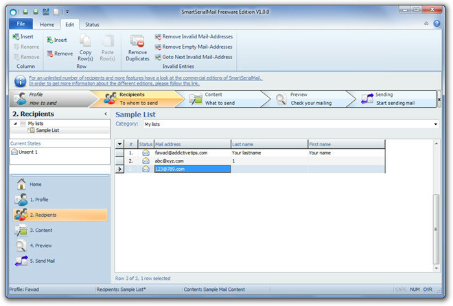 SmartSerialMail Freeware Edition Listă de corespondență
