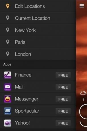Yahoo! Počasí iOS Menu