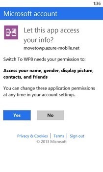Comutați la conectare WP Windows Phone