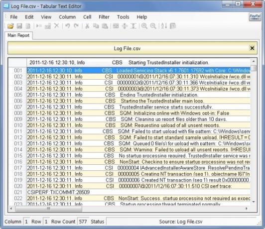 Arquivo de log.csv - Editor de texto tabular