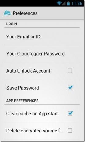 Cloudfogger-Android-innstillinger